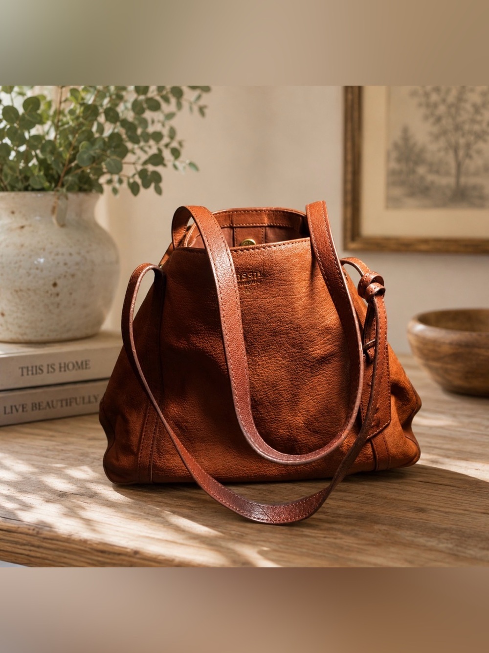 Fossil tan  gwen expandable leather tote bag